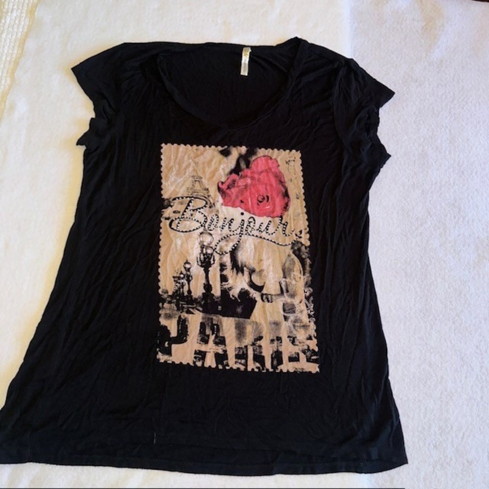 Occasion Black Bonjour Paris Graphic V Neck Tee Women M Rose Shirt Casual French